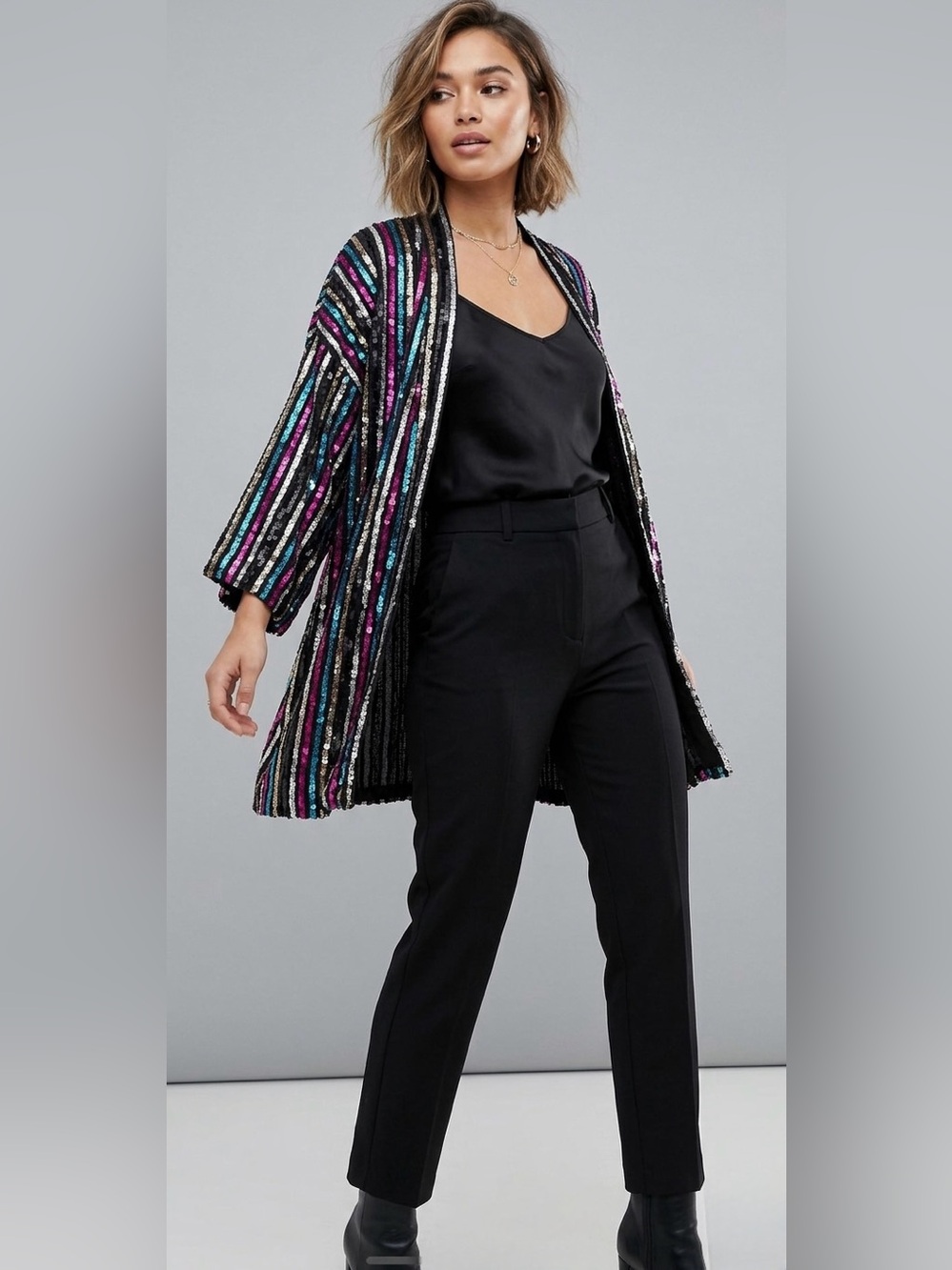 ASOS Black Open-Front Sequin Stripe Jacket with Multicolor Accents